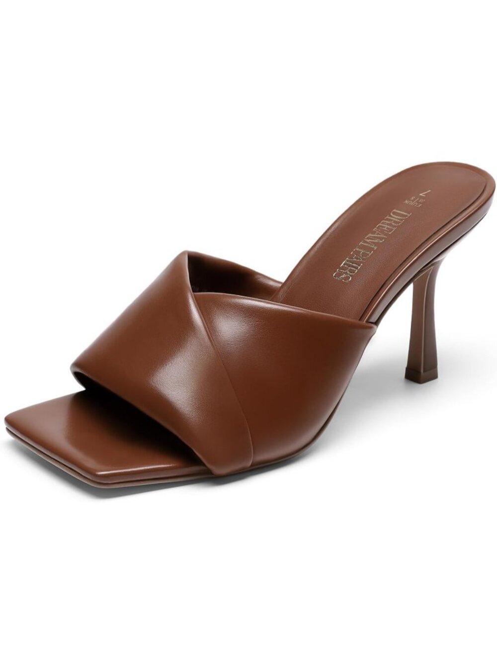 Women's Brown Slip On Soft Comfort Mule Heels Square Toe Stiletto Mule Sandals